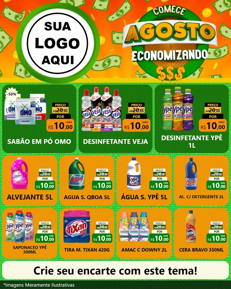 Modelo de Rede Social para Feed Instagram com o tema Comece Agosto Economizando para Produtos de Limpeza