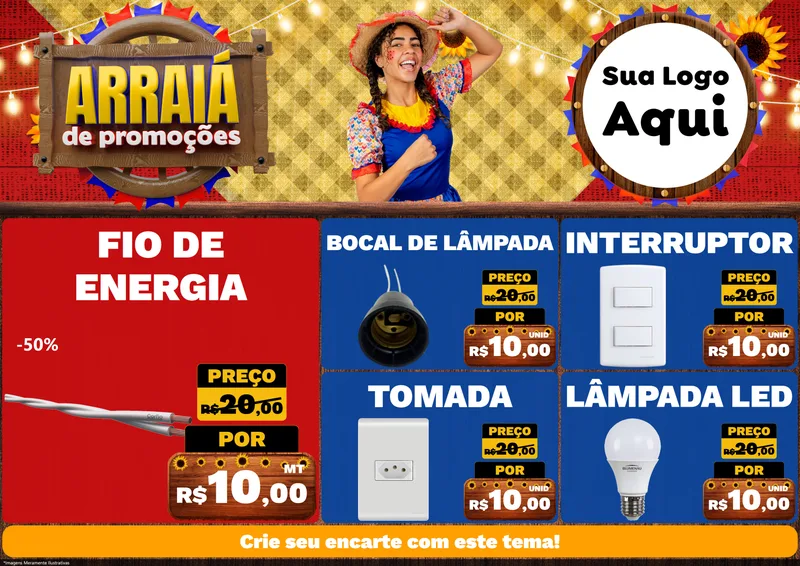 Modelo de Encarte para Encarte A4 Horizontal com o tema Arraiá de Promoções para Materiais Elétricos