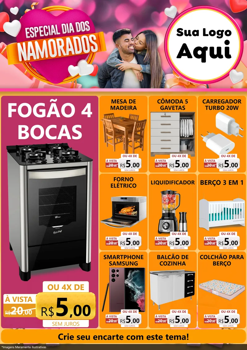 Modelo de Encarte para Encarte A4 Vertical com o tema Especial Dia dos Namorados para Móveis e Eletro