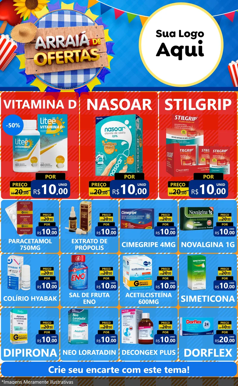Modelo de Encarte para Encarte Grande com o tema Arraiá de Ofertas para Farmácia