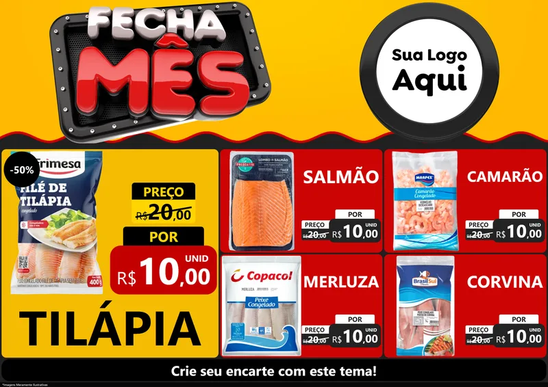 Modelo de Encarte para Encarte A4 Horizontal com o tema Fecha Mês para Peixaria