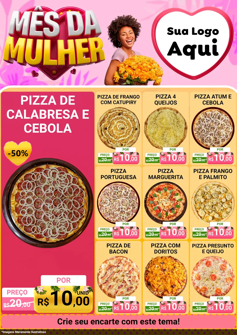 Modelo de Encarte para Encarte A4 Vertical com o tema Mês da Mulher para Pizzaria