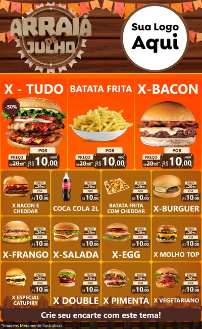 Modelo de Encarte para Encarte Grande com o tema Arraiá de Julho - Junina para Hamburgueria
