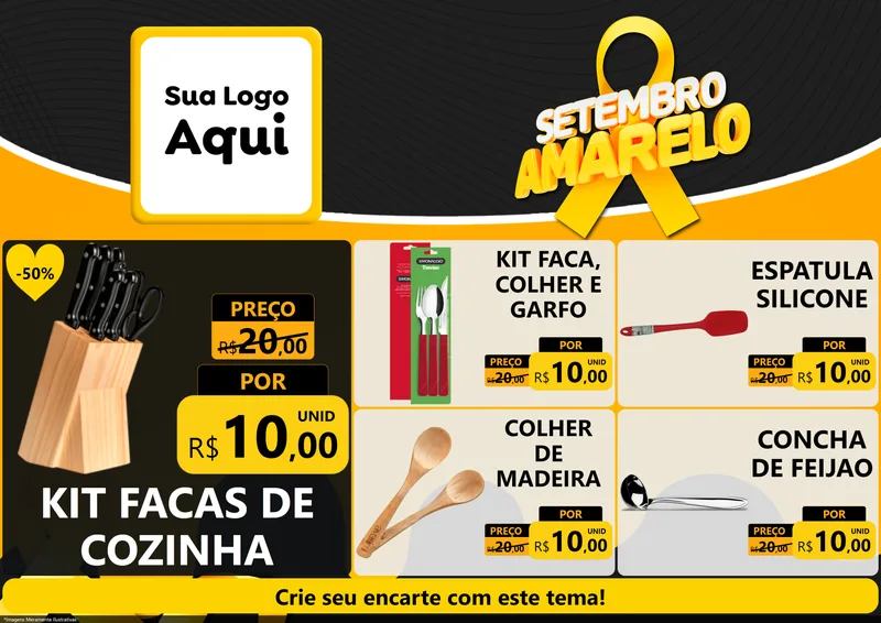 Modelo de Encarte para Encarte A4 Horizontal com o tema Setembro Amarelo para Utilidades Domésticas