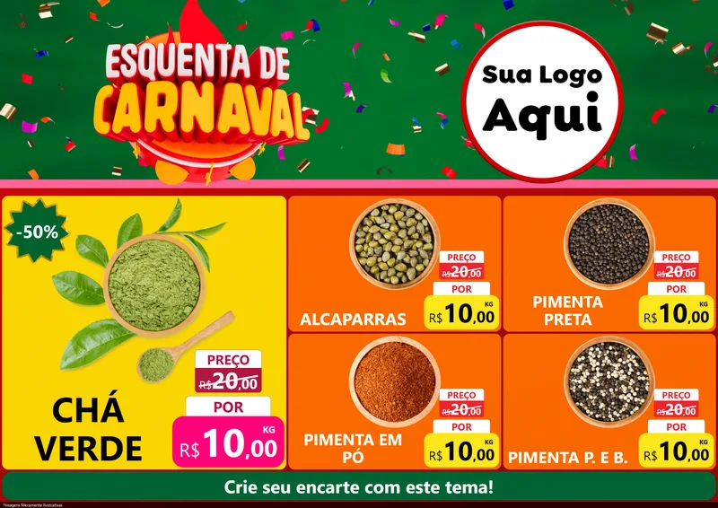 Modelo de Encarte para Encarte A4 Horizontal com o tema Esquenta de Carnaval para Produtos Naturais