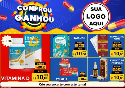 Modelo de Encarte para Encarte A4 Horizontal com o tema Comprou Ganhou - Farmácia para Farmácia