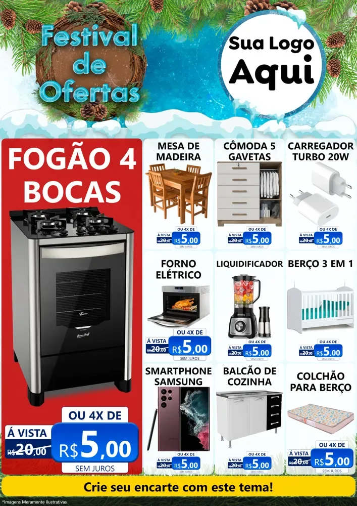 Modelo de Encarte para Encarte A4 Vertical com o tema Festival de Ofertas - Inverno para Móveis e Eletro