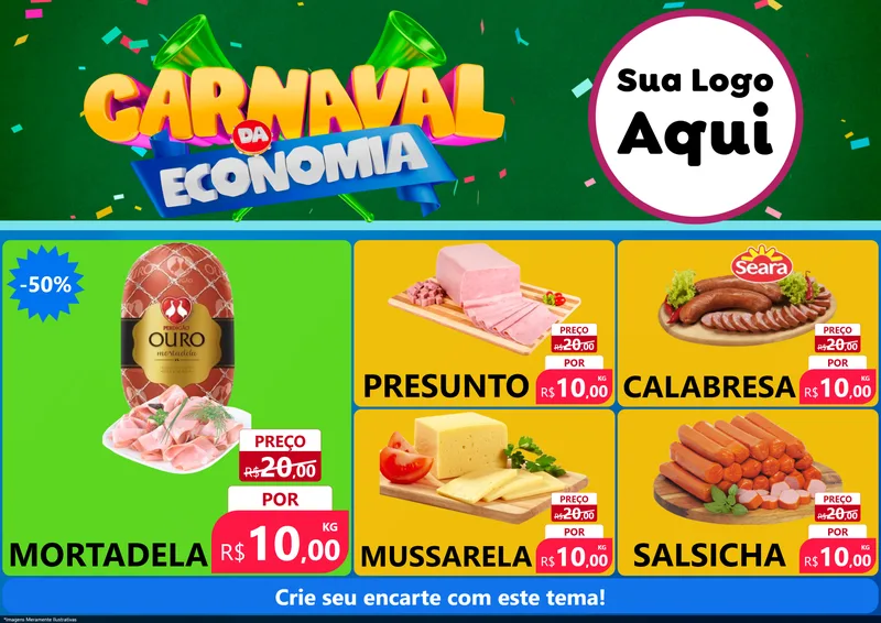 Modelo de Encarte para Encarte A4 Horizontal com o tema Carnaval da Economia para Frios e Laticínios