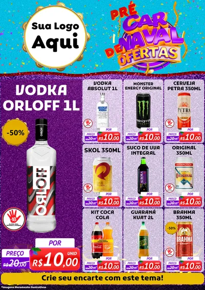 Modelo de Encarte para Encarte A4 Vertical com o tema Pré Carnaval de Ofertas para Distribuidora de bebidas