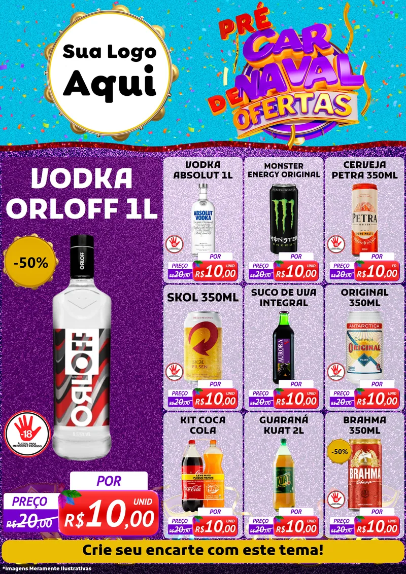 Modelo de Encarte para Encarte A4 Vertical com o tema Pré Carnaval de Ofertas para Distribuidora de bebidas