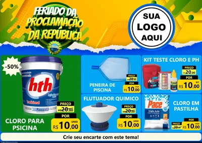 Modelo de Encarte para Encarte A4 Horizontal com o tema Feriado da Proclamação da República para Produtos para Piscina