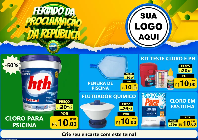 Modelo de Encarte para Encarte A4 Horizontal com o tema Feriado da Proclamação da República para Produtos para Piscina