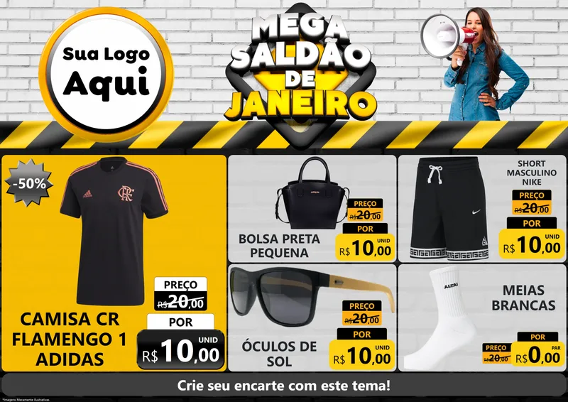 Modelo de Encarte para Encarte A4 Horizontal com o tema Mega Saldão de Janeiro para Roupas e acessórios
