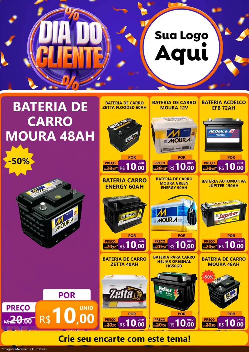 Modelo de Encarte para Encarte A4 Vertical com o tema Dia do Cliente para Baterias Elétricas