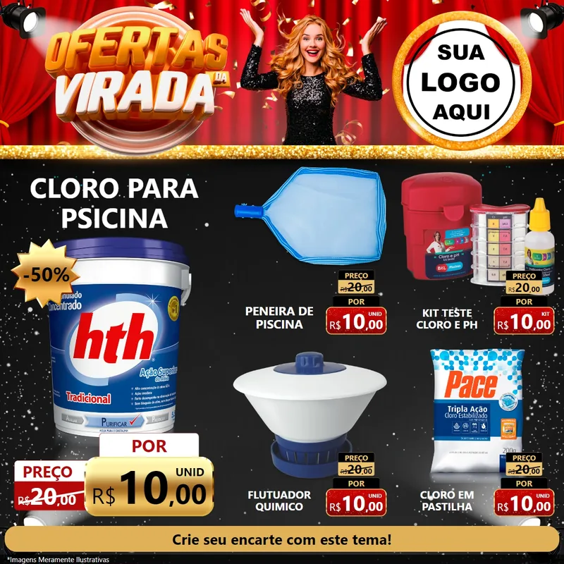 Modelo de Rede Social para Feed Facebook com o tema Ofertas da Virada para Produtos para Piscina