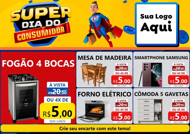 Modelo de Encarte para Encarte A4 Horizontal com o tema Super Dia do Consumidor para Móveis e Eletro