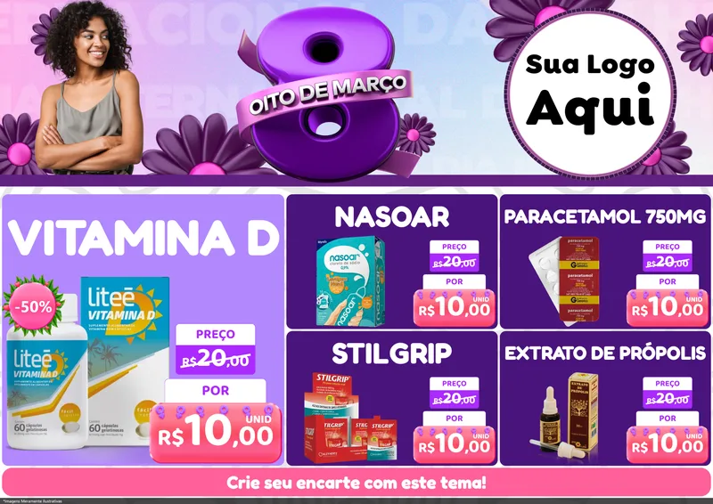 Modelo de Encarte para Encarte A4 Horizontal com o tema Oito de Março - Dia da Mulher para Farmácia
