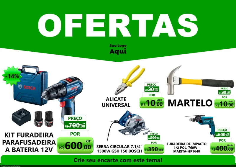 Modelo de Encarte para Encarte A4 Horizontal com o tema Ofertas Verde Cartaz para Maquinas e Ferramentas