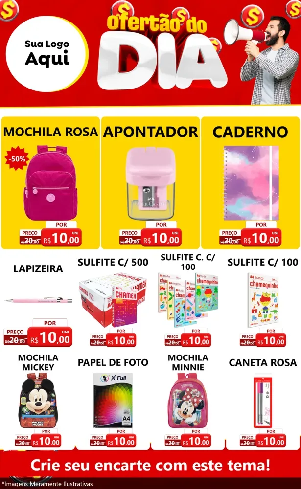Modelo de Encarte para Encarte Grande com o tema Ofertão do dia para Papelaria