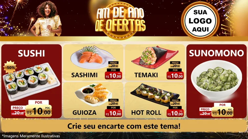 Modelo de TV para TV Horizontal com o tema Fim de Ano de Ofertas para Comida japonesa
