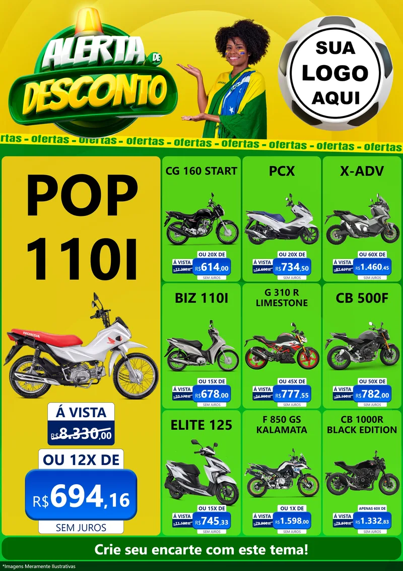 Modelo de Encarte para Encarte A4 Vertical com o tema Alerta de Desconto para Concessionaria de Motos
