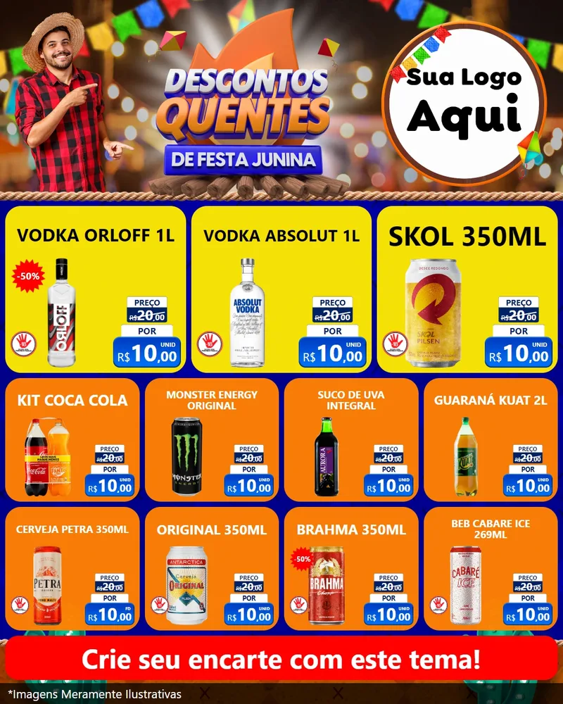 Modelo de Rede Social para Feed Instagram com o tema Descontos Quentes de Festa Junina para Distribuidora de bebidas