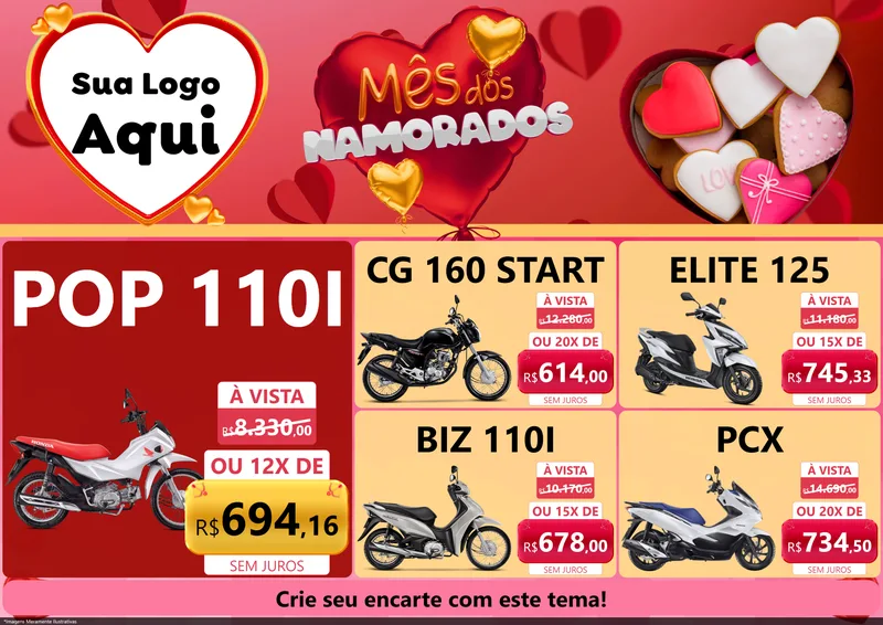 Modelo de Encarte para Encarte A4 Horizontal com o tema Mês dos Namorados para Concessionaria de Motos