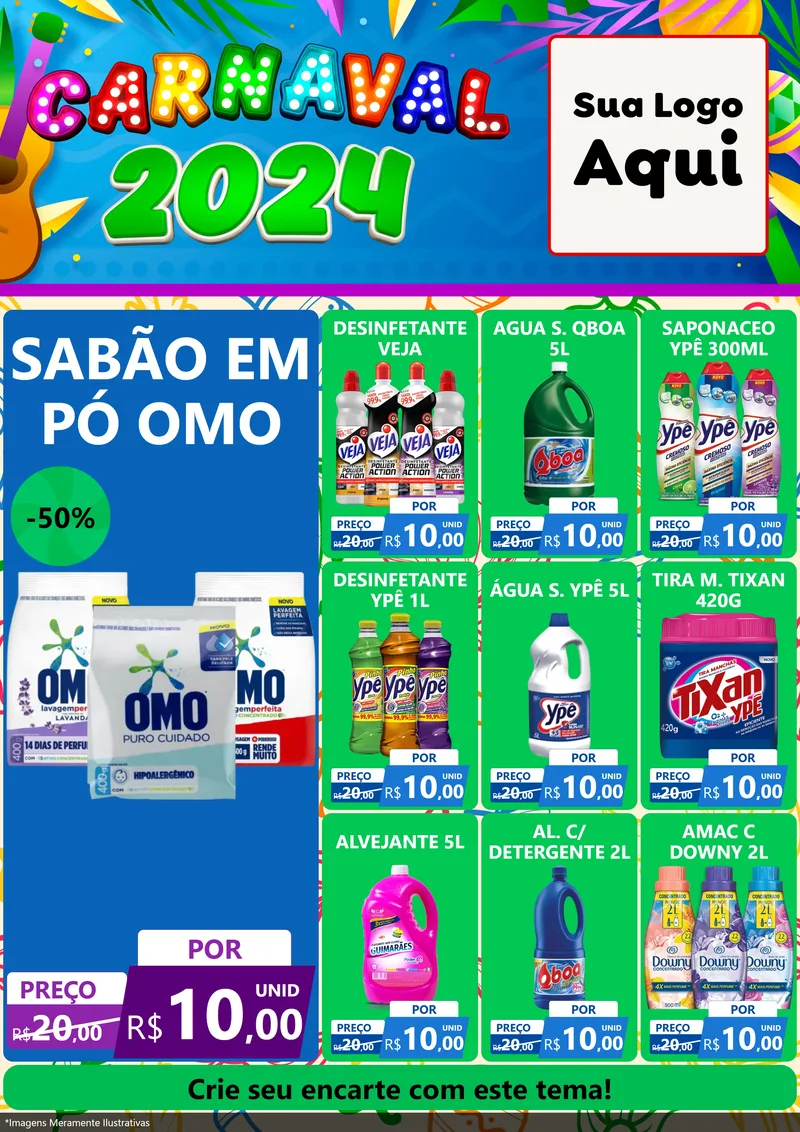 Modelo de Encarte para Encarte A4 Vertical com o tema Carnaval 2027 para Produtos de Limpeza