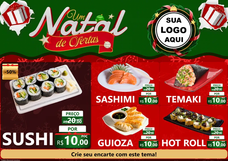Modelo de Encarte para Encarte A4 Horizontal com o tema Um Natal de Ofertas para Comida japonesa