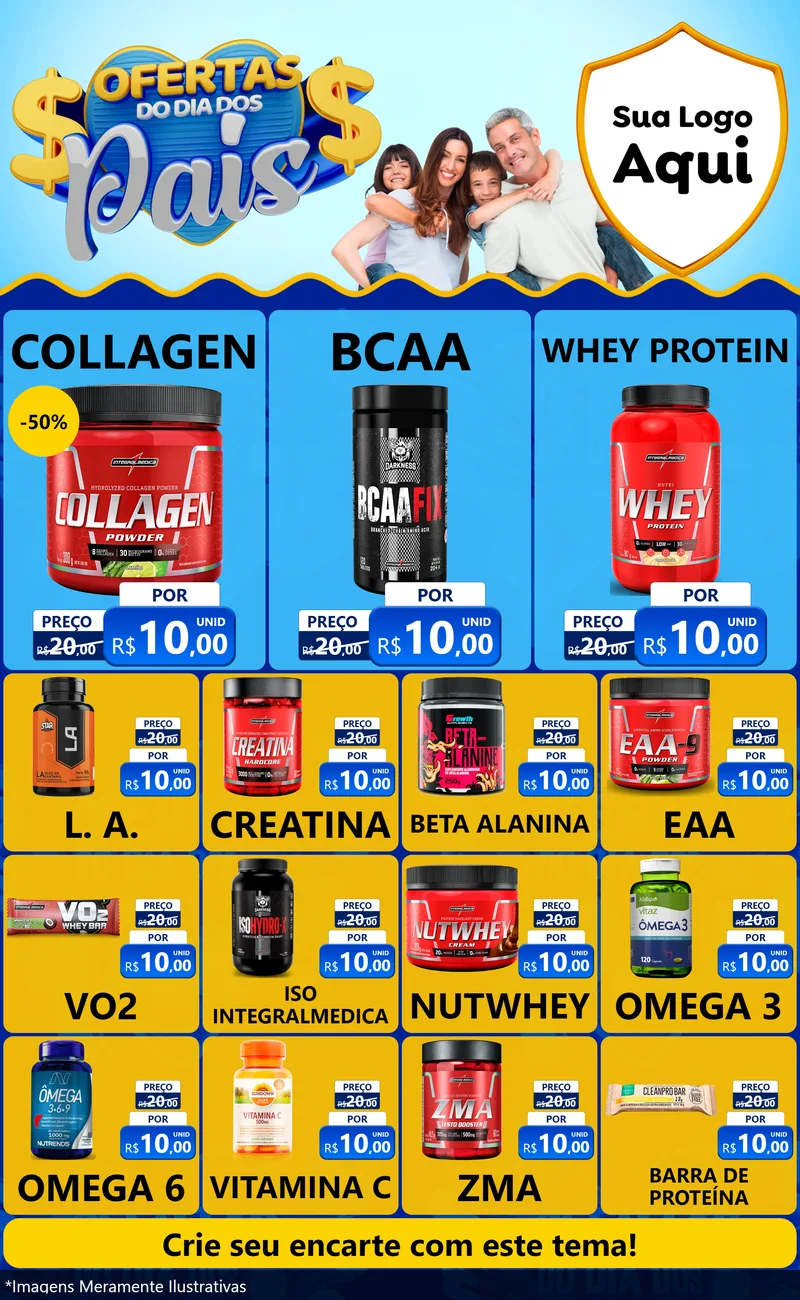 Modelo de Encarte para Encarte Grande com o tema Ofertas do Dia dos Pais para Suplementos alimentares