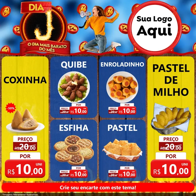 Modelo de Rede Social para Feed Facebook com o tema Dia J - O Dia Mais Barato Do Mês para Salgadaria