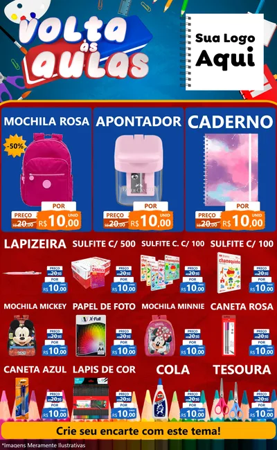 Modelo de Encarte para Encarte Grande com o tema Volta Às Aulas para Papelaria