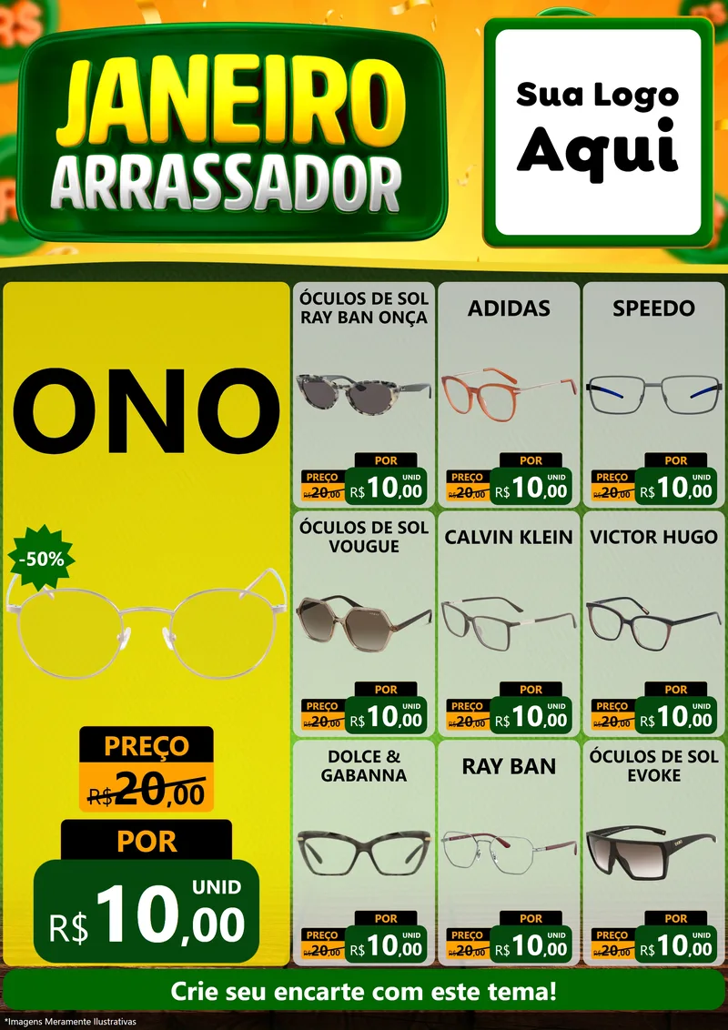 Modelo de Encarte para Encarte A4 Vertical com o tema Janeiro Arrasador para Óticas