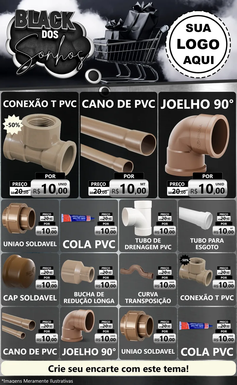 Modelo de Encarte para Encarte Grande com o tema Black dos Sonhos para Tubos e conexões