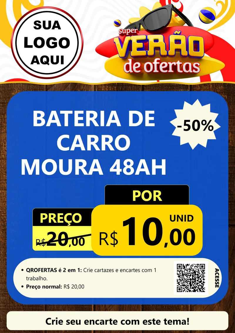 Modelo de Cartaz para Cartaz A4 Vertical com o tema Super Verão de Ofertas para Baterias Elétricas