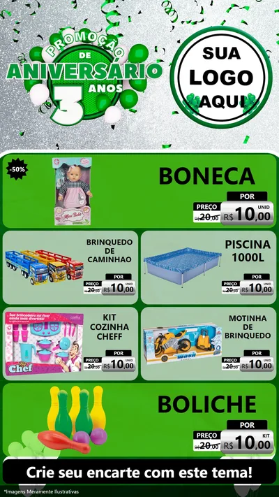 Modelo de TV para TV Vertical com o tema Promoção de Aniversário - 3 Anos para Brinquedos