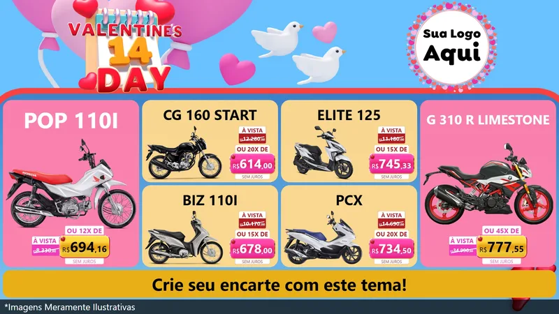 Modelo de TV para TV Horizontal com o tema Valentine's Day para Concessionaria de Motos