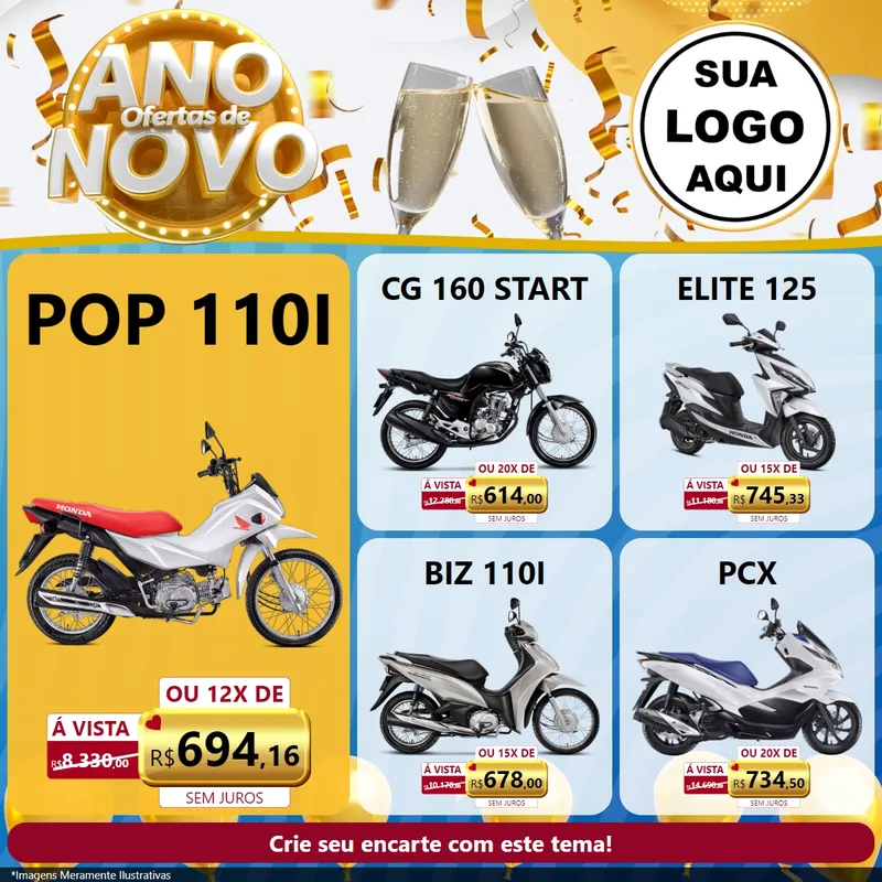 Modelo de Rede Social para Feed Facebook com o tema Ofertas de Ano Novo para Concessionaria de Motos