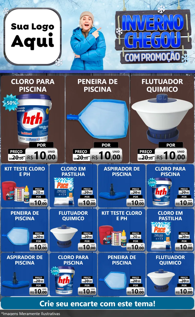 Modelo de Encarte para Encarte Grande com o tema Inverno Chegou Com Promoção para Produtos para Piscina