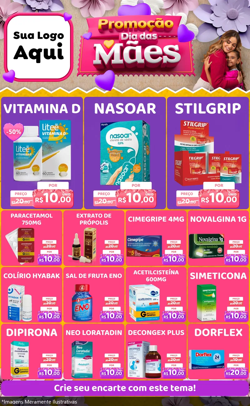 Modelo de Encarte para Encarte Grande com o tema Promoção Dia das Mães para Farmácia