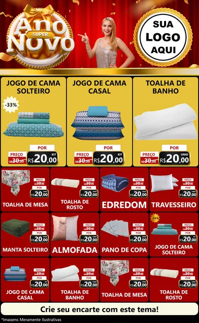 Modelo de Encarte para Encarte Grande com o tema Super Ano Novo para Cama, Mesa e Banho