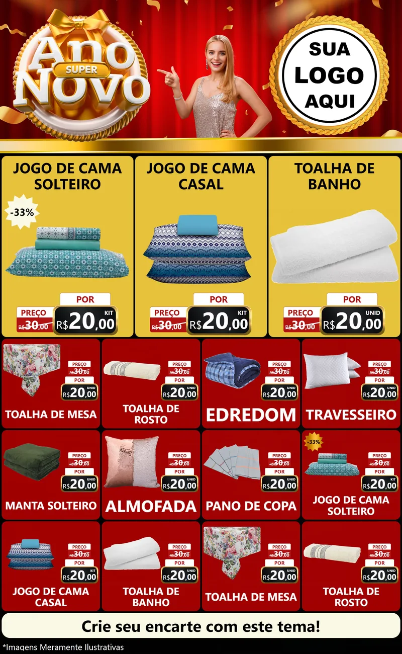 Modelo de Encarte para Encarte Grande com o tema Super Ano Novo para Cama, Mesa e Banho