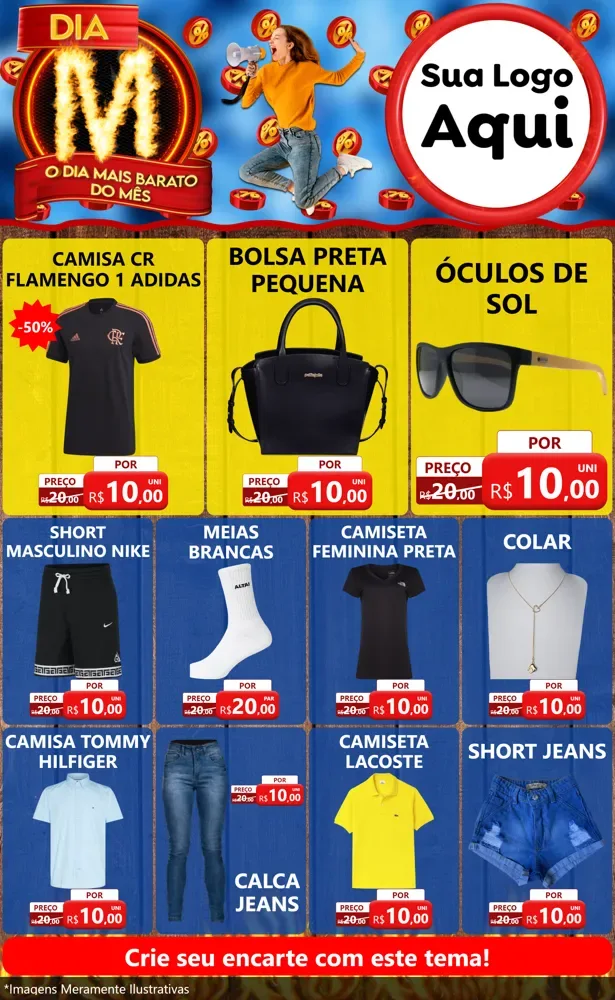 Modelo de Encarte para Encarte Grande com o tema Dia M - O Dia Mais Barato Do Mês para Roupas e acessórios