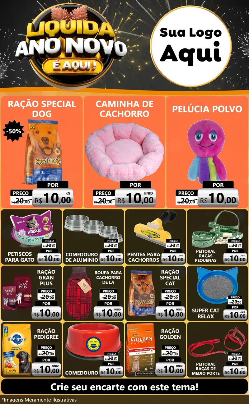 Modelo de Encarte para Encarte Grande com o tema Liquida Ano Novo É Aqui! para Pet Shop