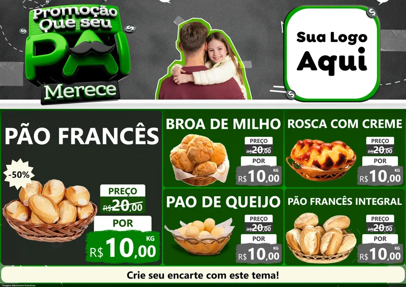 Modelo de Encarte para Encarte A4 Horizontal com o tema Promoção Que seu Pai Merece para Padaria