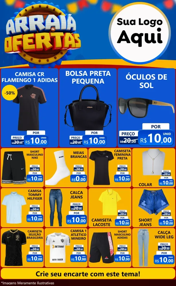 Modelo de Encarte para Encarte Grande com o tema Arraiá de Ofertas - Junina para Roupas e acessórios