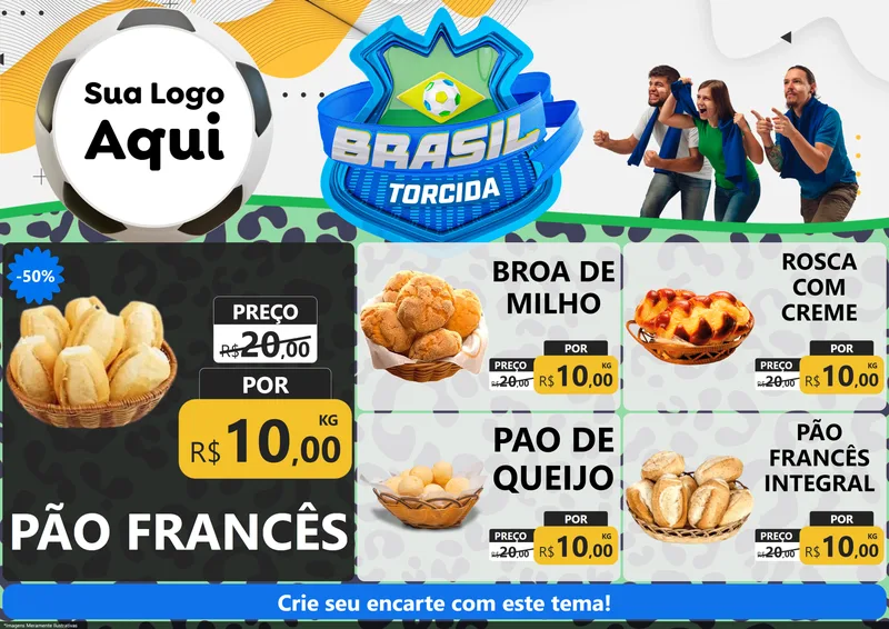 Modelo de Encarte para Encarte A4 Horizontal com o tema Brasil Torcida - Copa para Padaria
