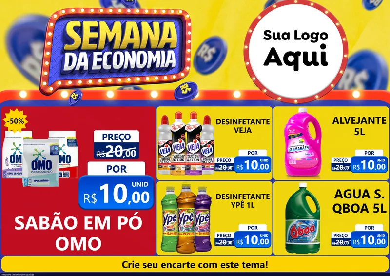 Modelo de Encarte para Encarte A4 Horizontal com o tema Semana da Economia para Produtos de Limpeza