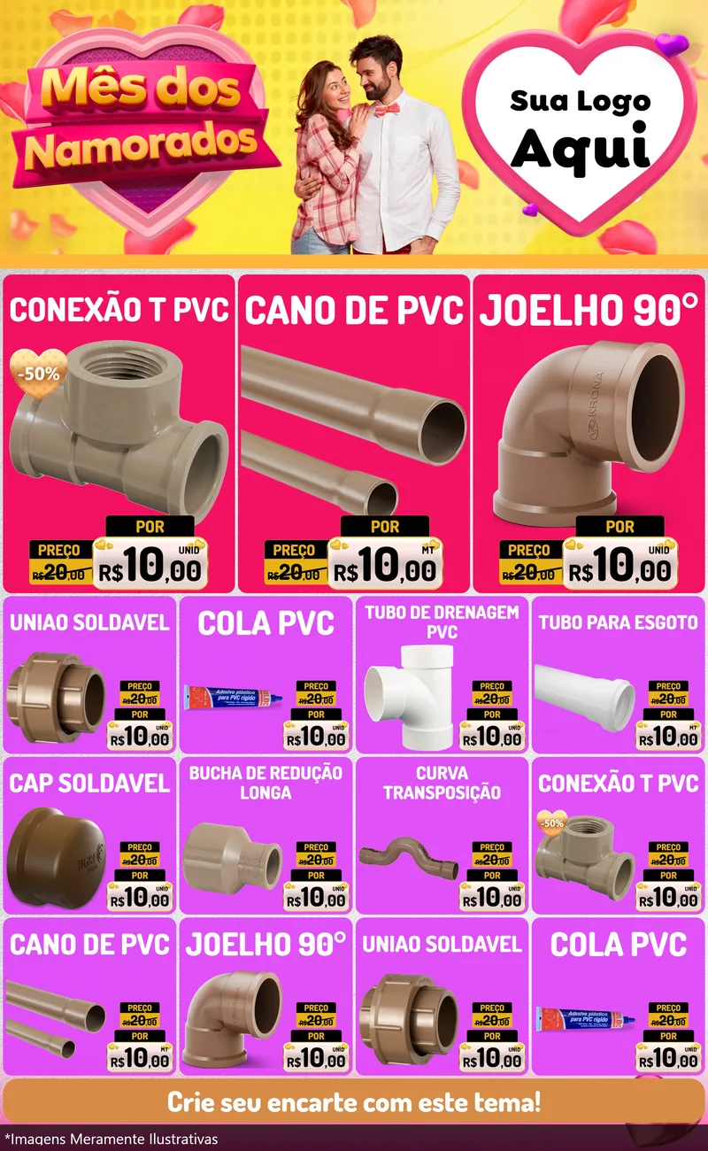 Modelo de Encarte para Encarte Grande com o tema Mês dos Namorados para Tubos e conexões