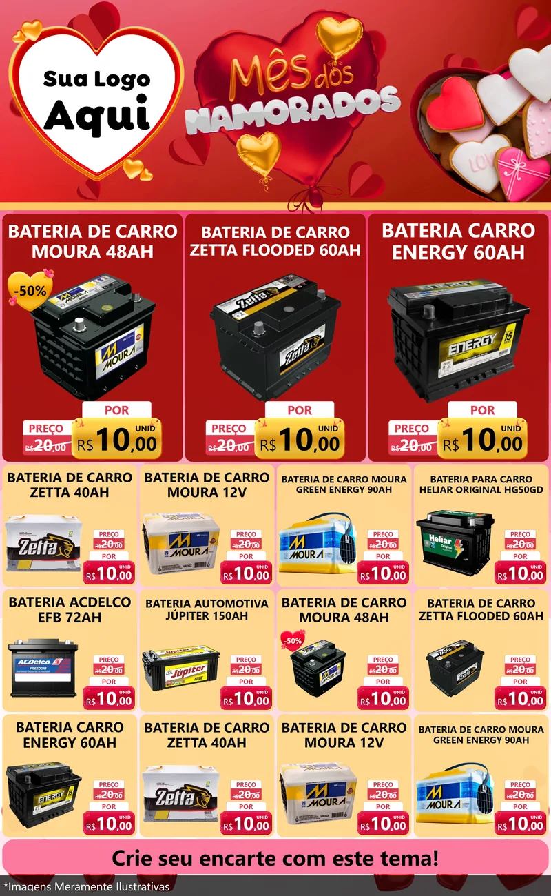 Modelo de Encarte para Encarte Grande com o tema Mês dos Namorados para Baterias Elétricas